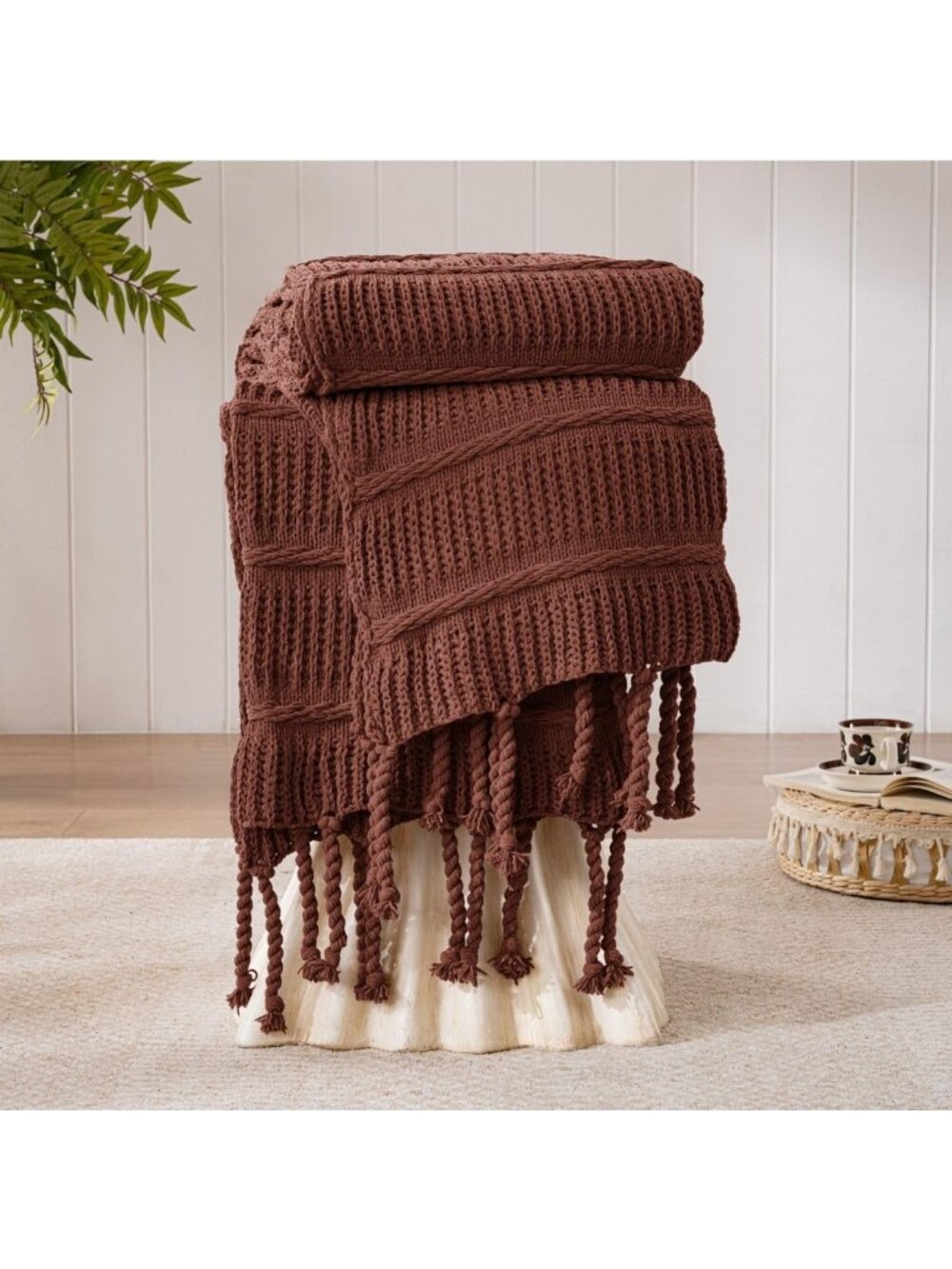 Cozy Boho Chenille Throw Blanket with Tassels - Soft Lightweight All-Season